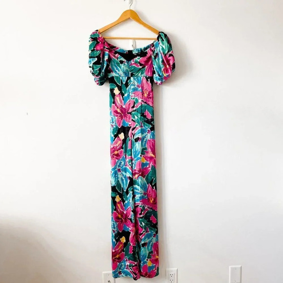 Zara Floral Print Satin Like Jumpsuit Puff Sleeve Size Medium Blogger Fave - Picture 7 of 14